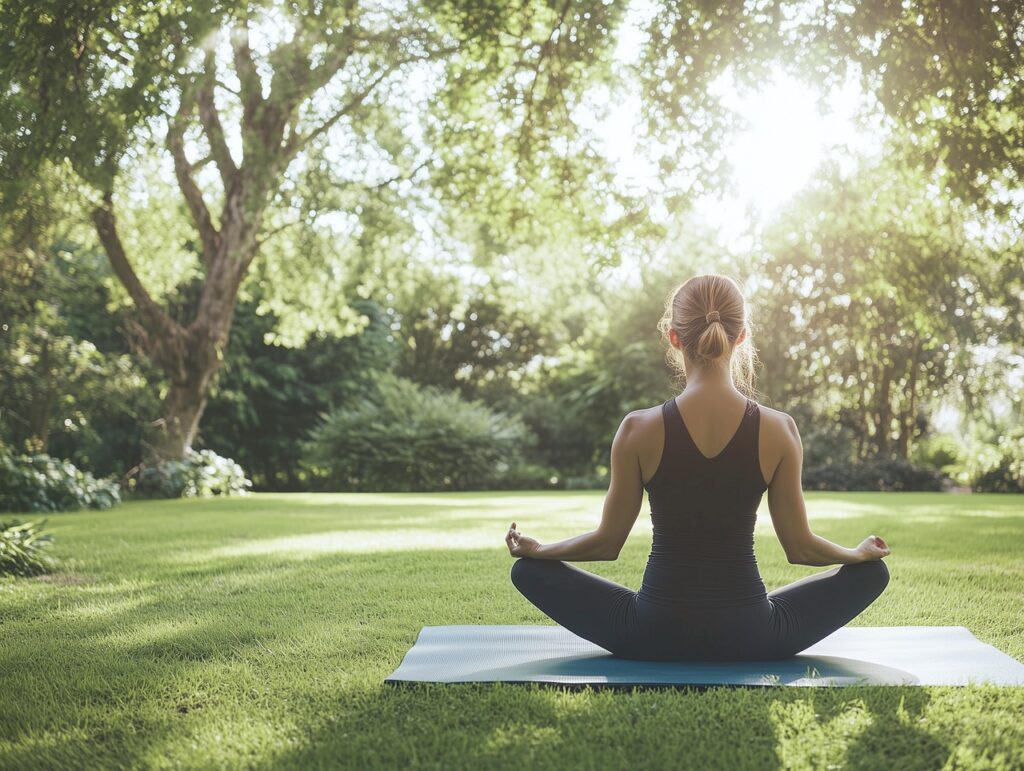Eine Frau sitzt im Schneidersitz auf einer Yogamatte auf einer grünen Wiese. Sie trägt schwarze Sportkleidung und hat ihr blondes Haar zu einem Dutt gebunden. Um sie herum stehen Bäume und Sträucher, durch deren Blätter warmes Sonnenlicht fällt.